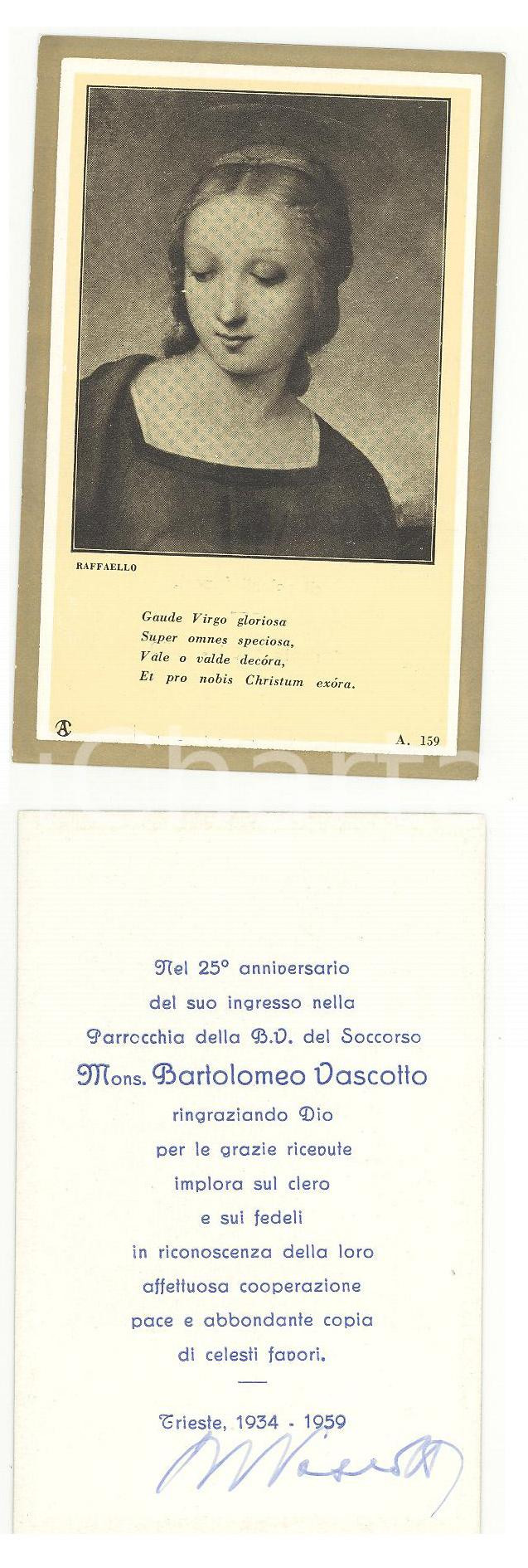 Oggetto da collezione cartaceo 1959 TRIESTE Mons. Bartolomeo VASCOTTO 25 Anniversario 1