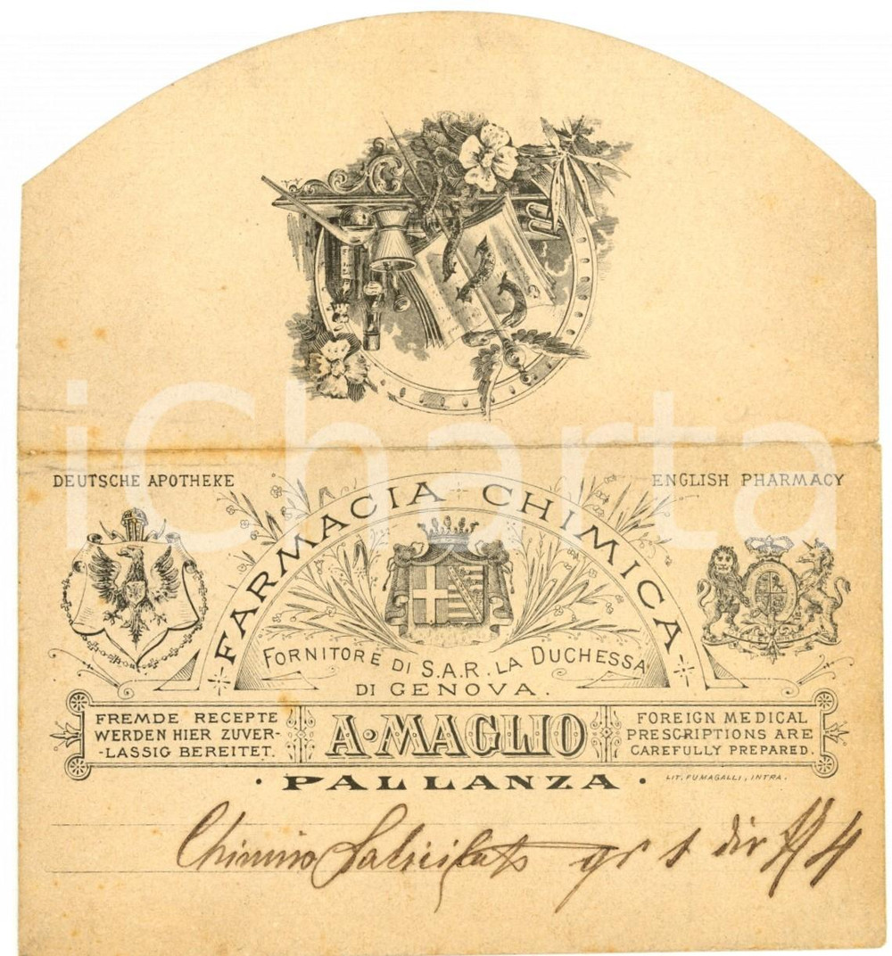 Materiale pubblicitario d’epoca 1910 VERBANIA PALLANZA Busta farmacia A. MAGLIO RARA 1