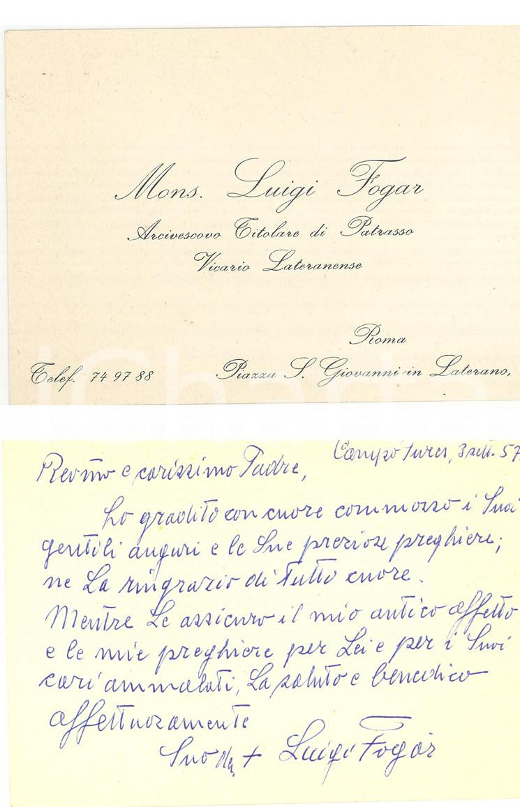 Autografo originale 1957 CAMPO TUREZ BZ Biglietto mons. Luigi FOGAR Autog. 1