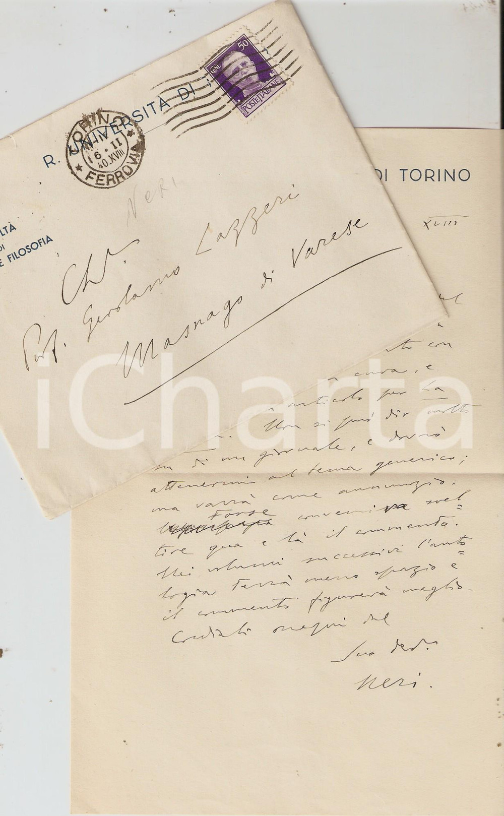 Autografo originale 1940 TORINO Ferdinando NERI ringrazia LAZZERI Autografo 1