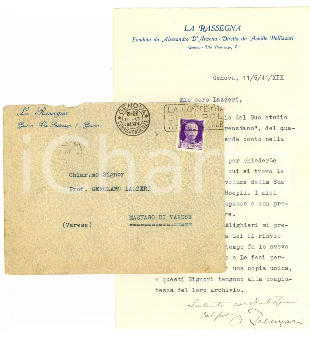 Autografo originale 1941 GENOVA Achille PELLIZZARI rivuole i libri  AUTOGRAFO 1