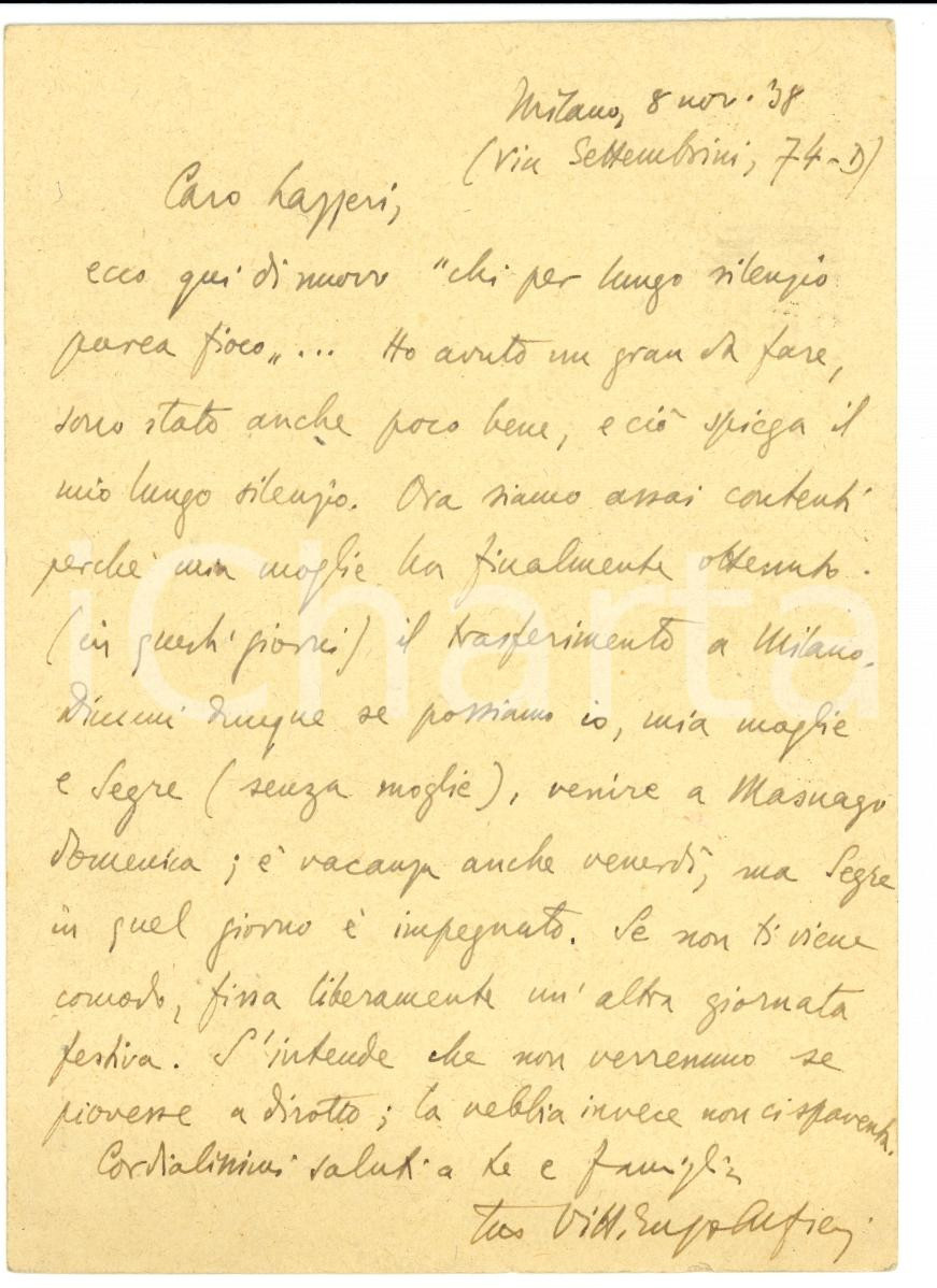 Autografo originale 1938 Vittorio Enzo ALFIERI in visita con Mario SEGRE 1