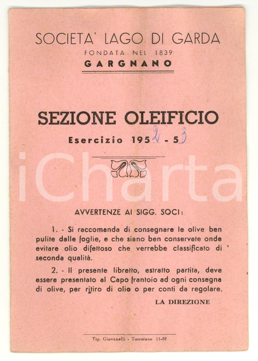 Oggetto da collezione cartaceo 1953 GARGNANO BS Tessera Oleificio SOC. LAGO DI GARDA 1
