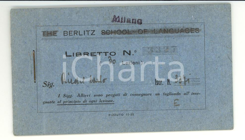 Oggetto da collezione cartaceo 1942 MILANO Buoni lezioni BERLITZ SCHOOL of Languages 1 1