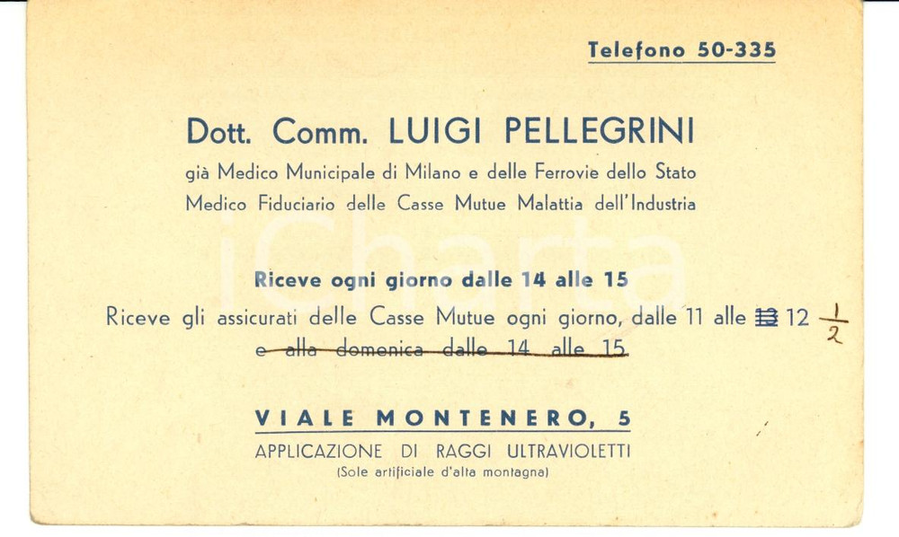 Autografo originale 1940 MILANO Applicazione ultravioletti Luigi PELLEGRINI 1