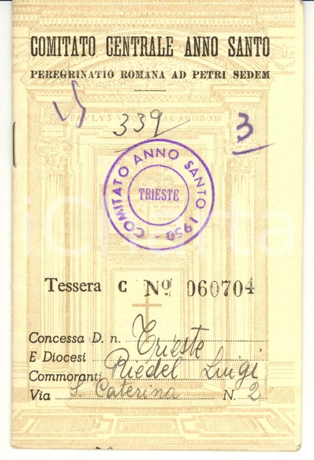 Oggetto da collezione cartaceo 1950 TRIESTE Tessera pellegrinaggio a Roma ANNO SANTO 1