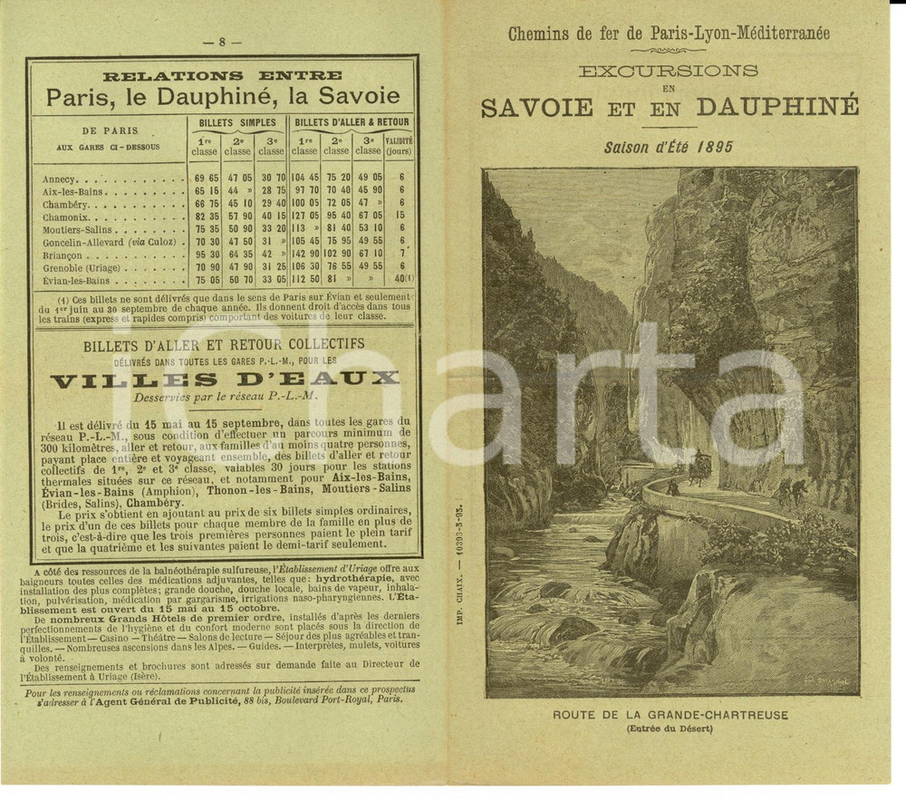 Materiale pubblicitario d’epoca 1895 Chemins de fer PARISLYON Excursions en SAVOIE 1