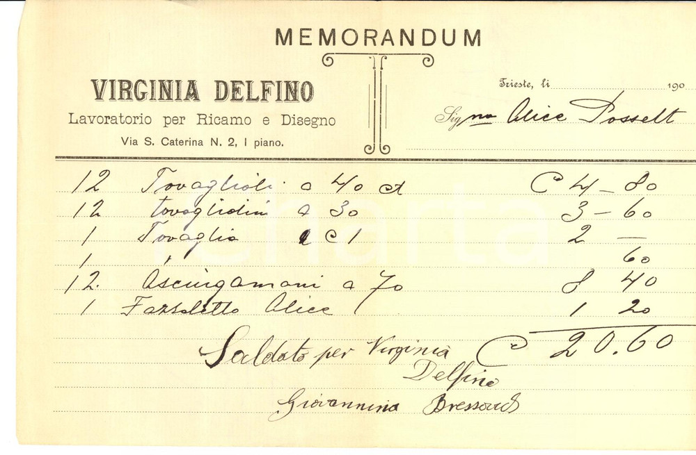 Manoscritto, lettera originale 1900 circa TRIESTE Virginia DELFINO Ricamo e disegno 1