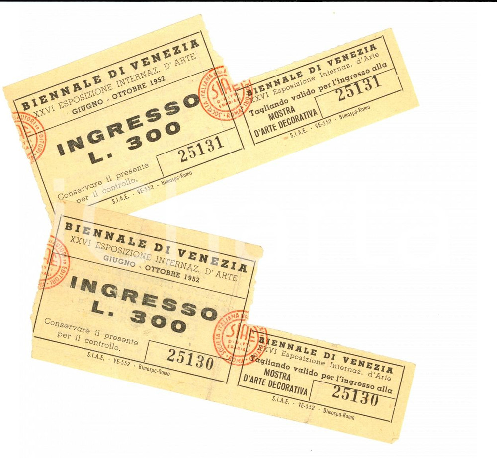 Oggetto da collezione cartaceo 1952 VENEZIA Coppia biglietti ingresso alla BIENNALE 1