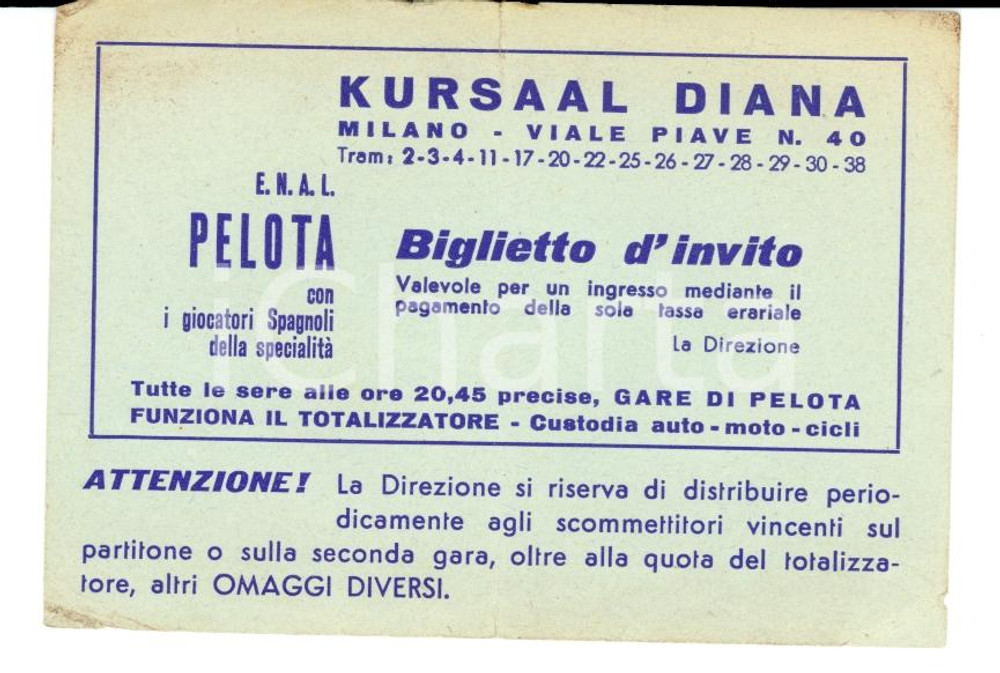 Oggetto da collezione cartaceo 1950 MILANO Biglietto Gare di pelota al KURSAALE DIANA 1