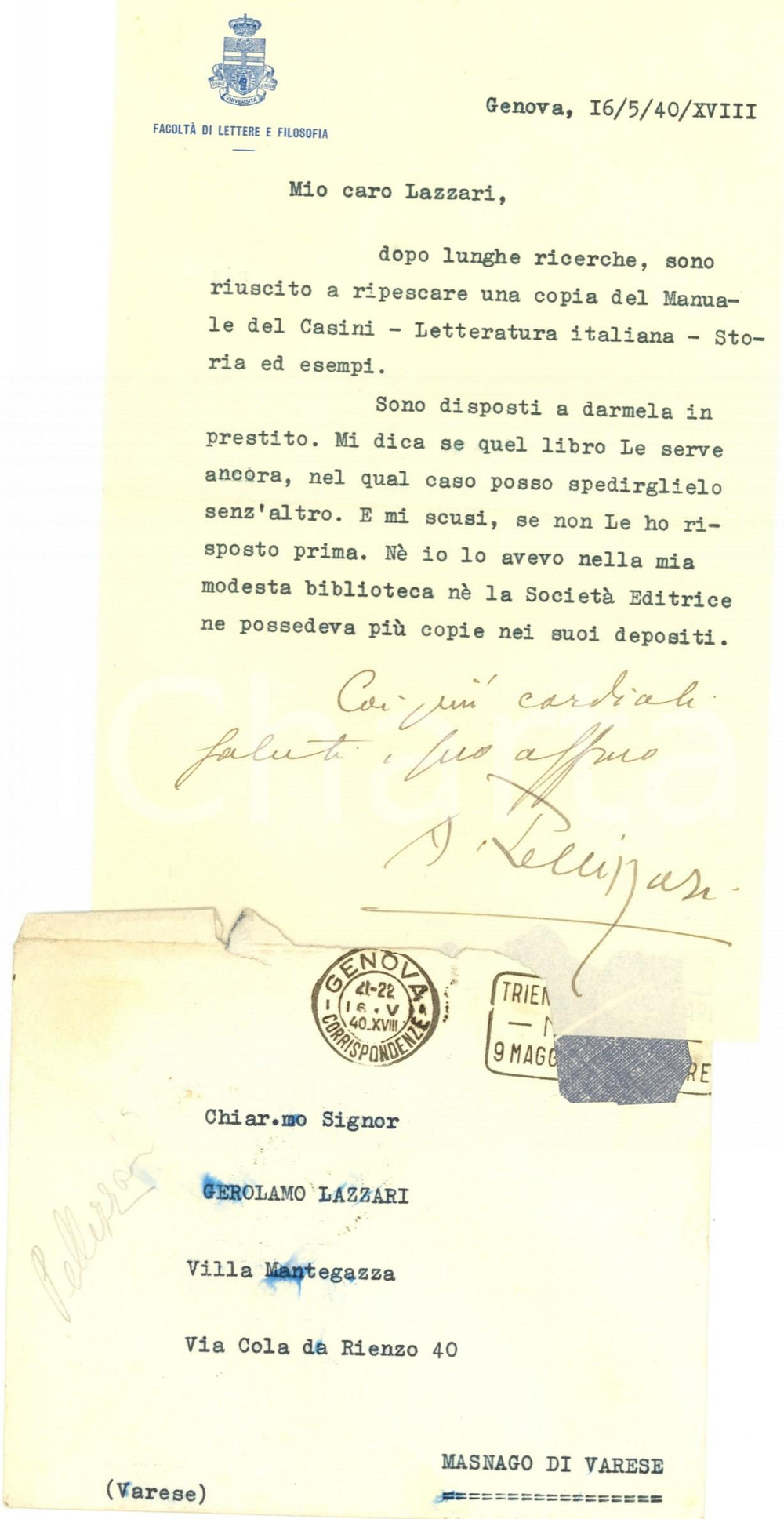 Autografo originale 1939 GENOVA Achille PELLIZZARI procura un libro   AUTOGRAFO 1