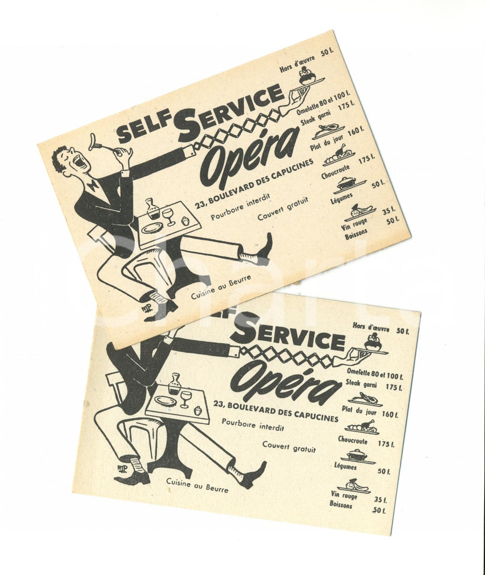 Materiale pubblicitario d’epoca 1950 PARIS Self Service OPERA Bd des CAPUCINES Billets 1