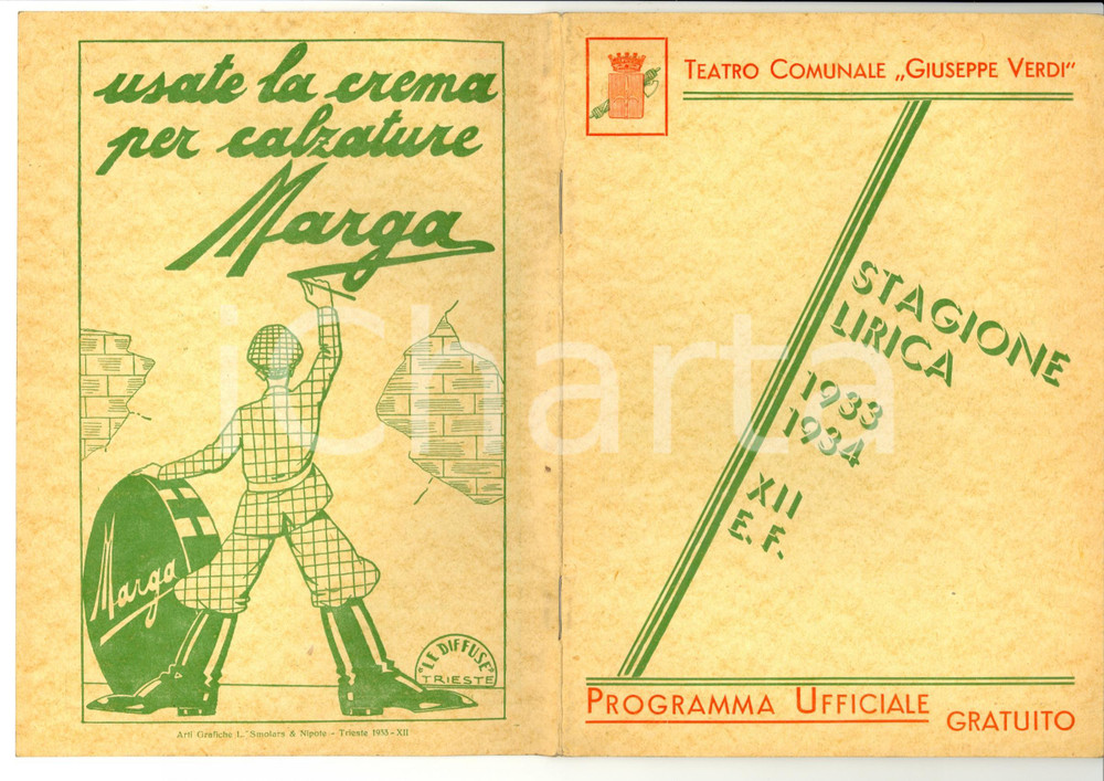 Materiale pubblicitario d’epoca 1933 TRIESTE TEATRO VERDI Programma stagione lirica 1