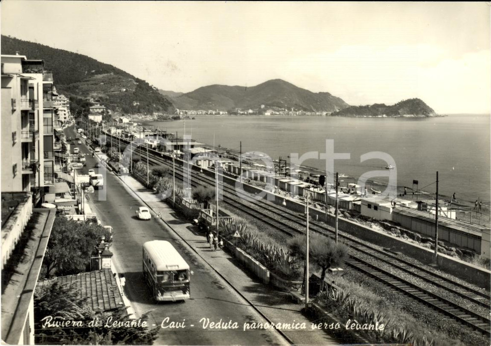 Cartolina originale da collezione 1966 CAVI DI LAVAGNA GE Passaggio ferrovia su riviera 1