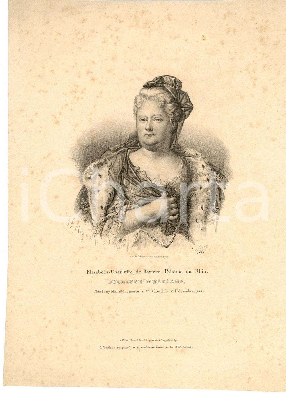 Stampa, bozzetto originale 1850 ElisabethCharlotte PALATINE DU RHIN Gravure 1
