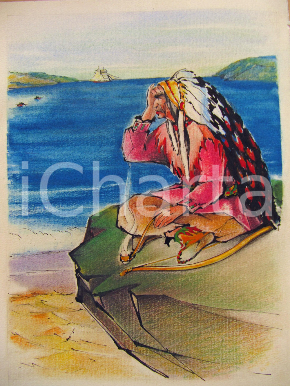 Stampa, bozzetto originale 1950 Vecchio capo INDIANO e il mare Bozzetto CESCHINA 1