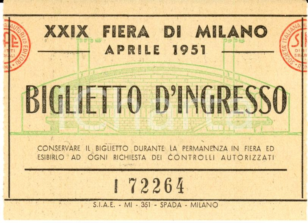Oggetto da collezione cartaceo 1951 MILANO Biglietto d ingresso XXIX Fiera ILLUSTRATO 1
