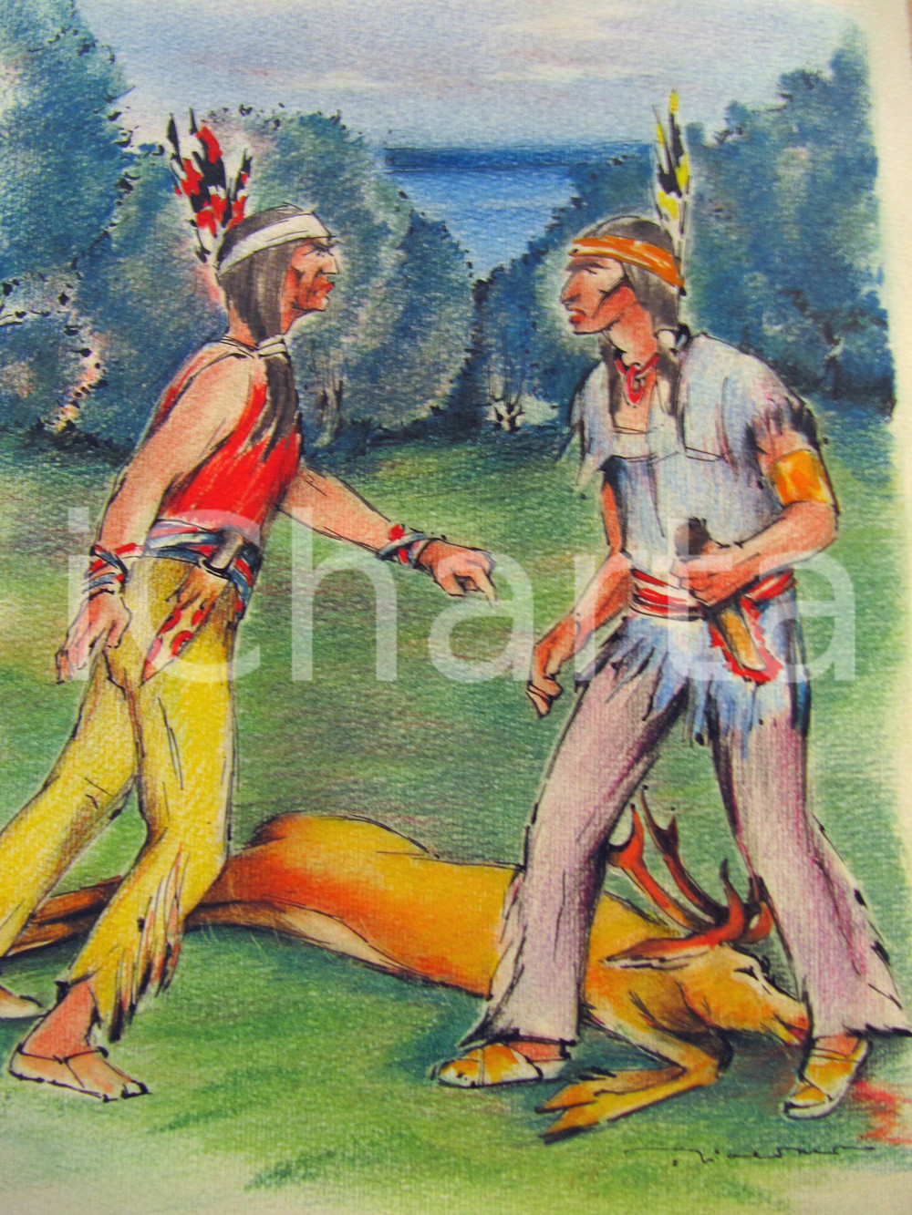 Stampa, bozzetto originale 1950 Cacciatori indiani contendono cervo Bozz. CESCHINA 1