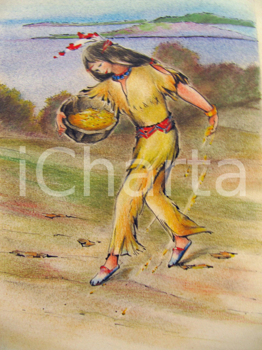 Stampa, bozzetto originale 1950 Giovane INDIANA semina grano Bozzetto ed. CESCHINA 1