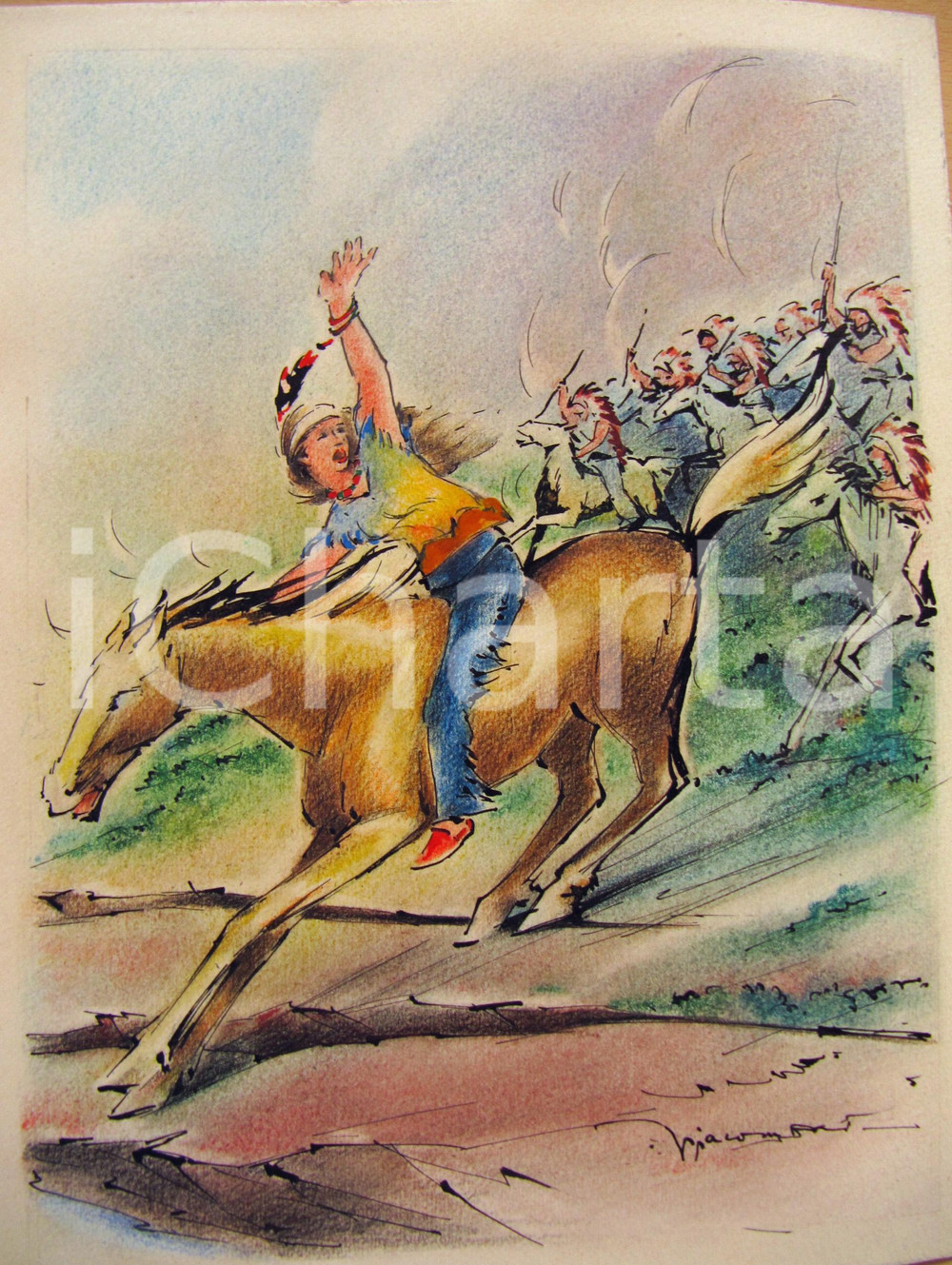 Stampa, bozzetto originale 1950 Inseguimento INDIANI cavallo Bozzetto ed. CESCHINA 1