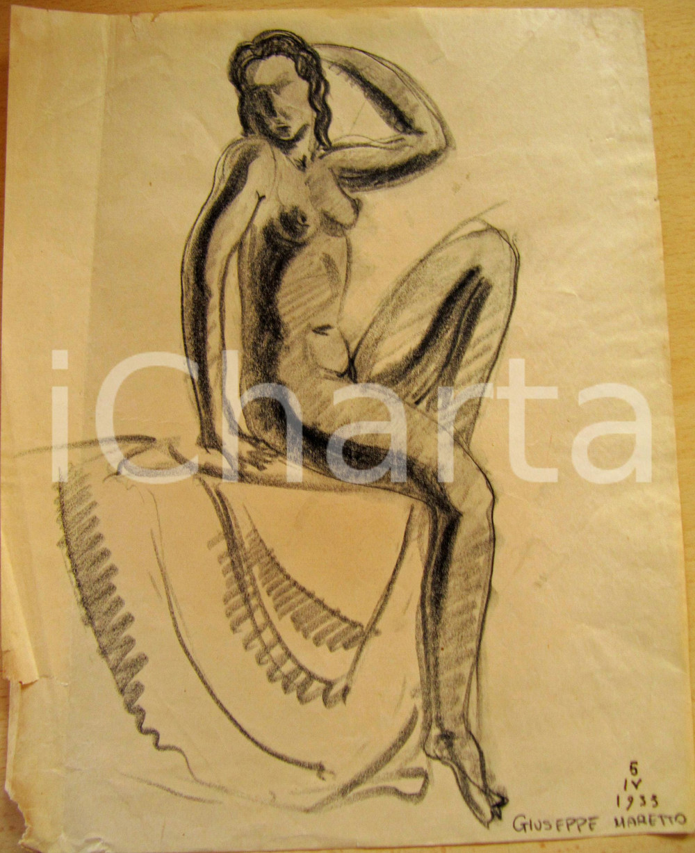 Opera d’arte autentica 1933 Giuseppe MARETTO Nudo di donna DISEGNO AUTENTICO 1