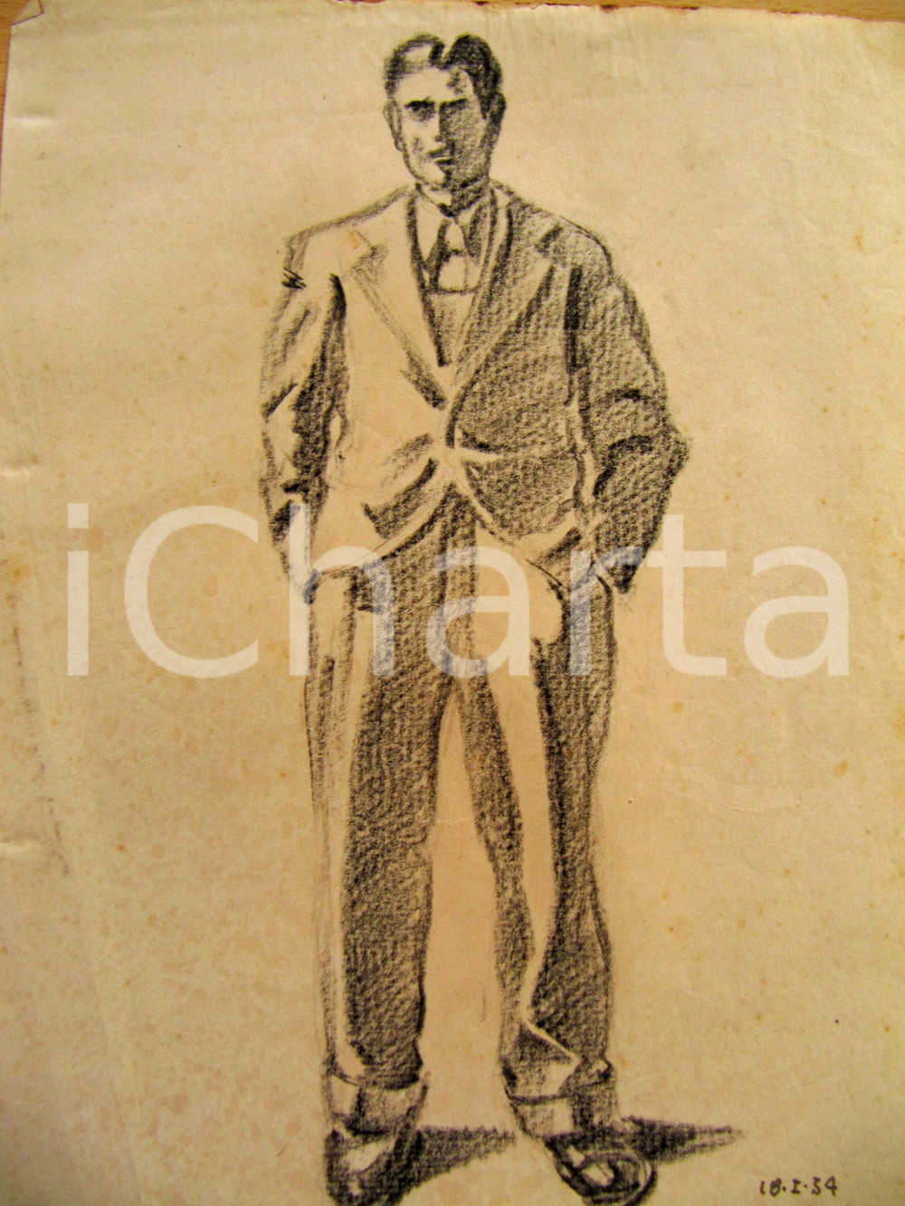 Opera d’arte autentica 1934 Giuseppe MARETTO Ritratto di figura maschile DISEGNO AUTENTICO 1