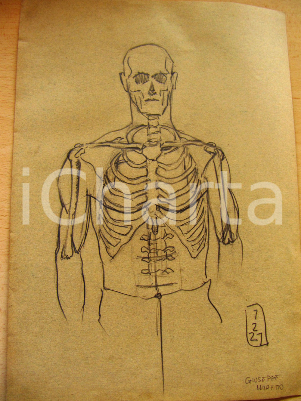 Opera d’arte autentica 1927 Giuseppe MARETTO Studio per scheletro DISEGNO AUTENTICO 1