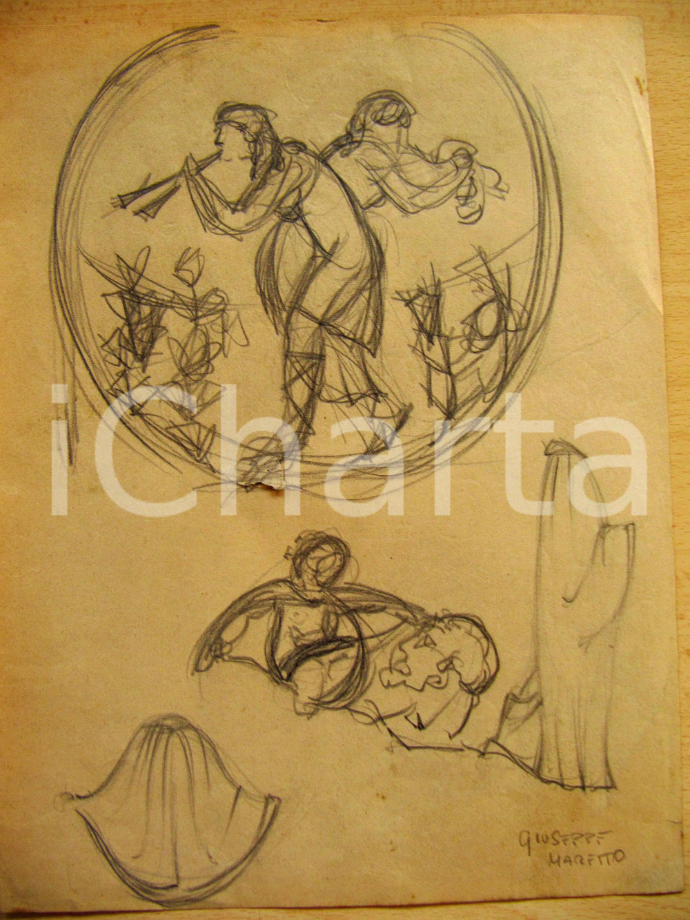 Opera d’arte autentica 1930 Giuseppe MARETTO Studio per mitologia greca AUTOG. 1