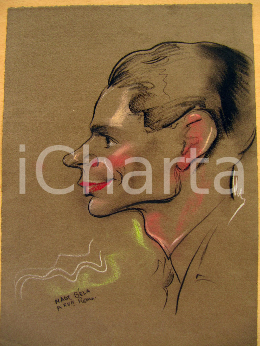 Opera d’arte autentica 1939 ROMA NAGY BELA Caricatura di fiovane uomo Disegno autentico autografato 1