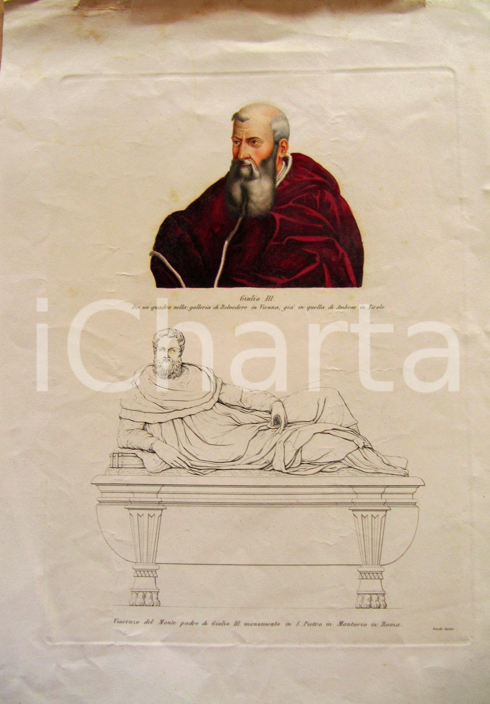 Stampa, bozzetto originale 1850 ca GIULIO III e Vincenzo DEL MONTE Borde incise 1