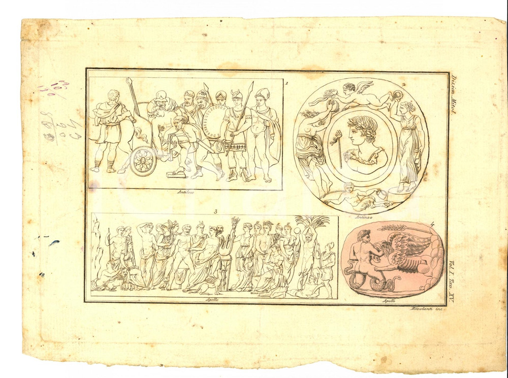 Stampa, bozzetto originale 1850 Apollo, Antiloco e Antinoo inc. RIVELANTI Stampa 1