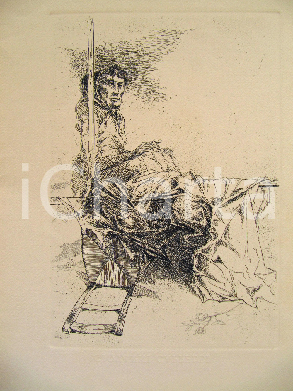 Opera d’arte autentica 1980 ca Giovanni CAPPELLI Anziana che cuce Litografia 1