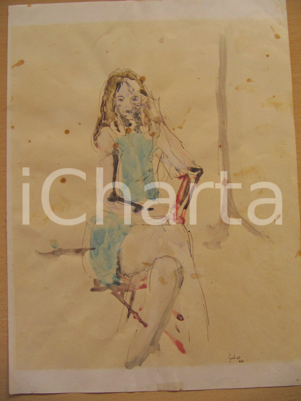 Stampa, bozzetto originale 1970 GIULIO Giovane donna in abito azzurro AUTOGRAFATA 1