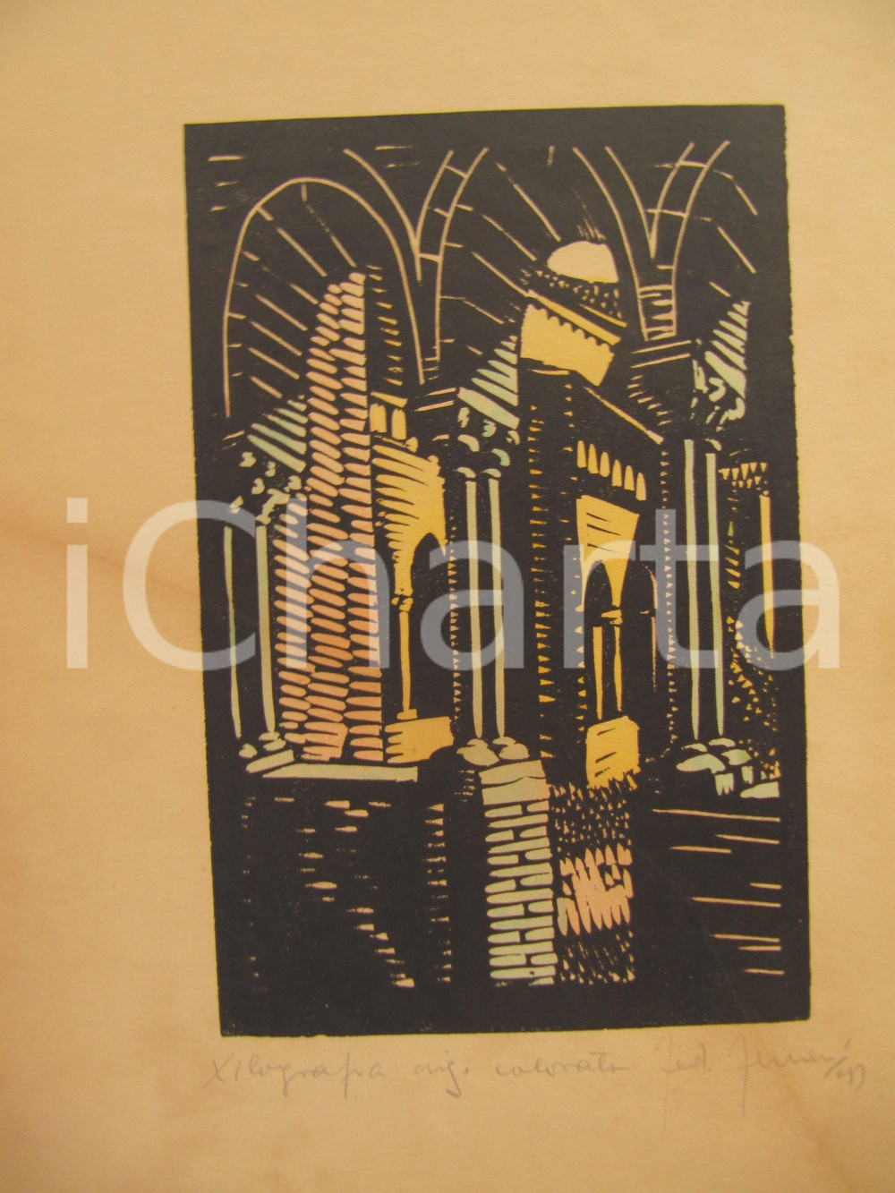 Stampa, bozzetto originale 1947 FEDERICO FERRARI Chiostro Xilografia ORIGINALE 1