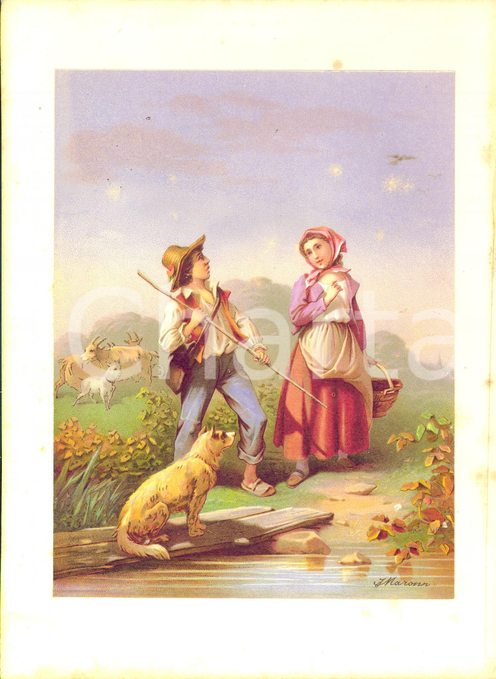 Stampa, bozzetto originale 1910 ca ARTE Scena bucolica tra pastore e contadina Stampa J. MARONN 18x25 1