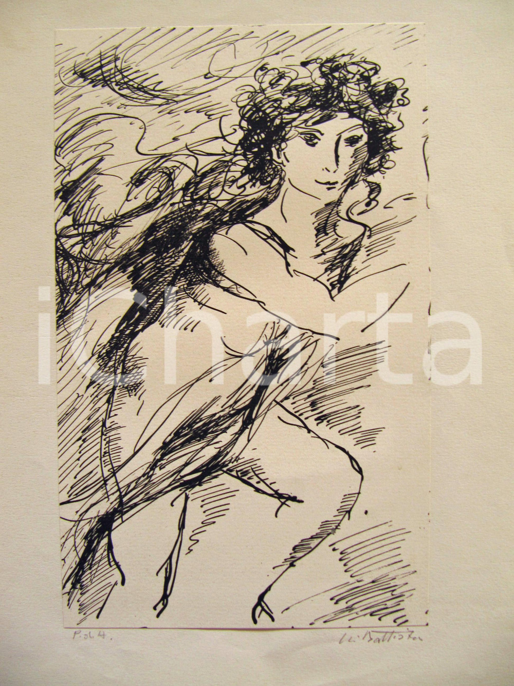 Stampa, bozzetto originale 1960 ca Litografia Nudo di donna in marcia Prova d artista N. BATTISTA 25x33 1