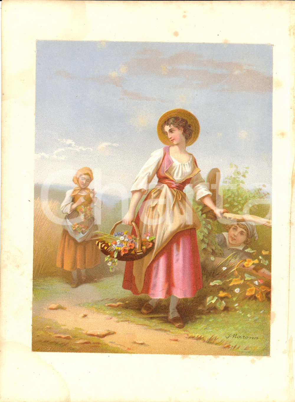 Stampa, bozzetto originale 1910 ca ARTE Giovani contadine seguite da un fanciullo Stampa J. MARONN 18x25 1