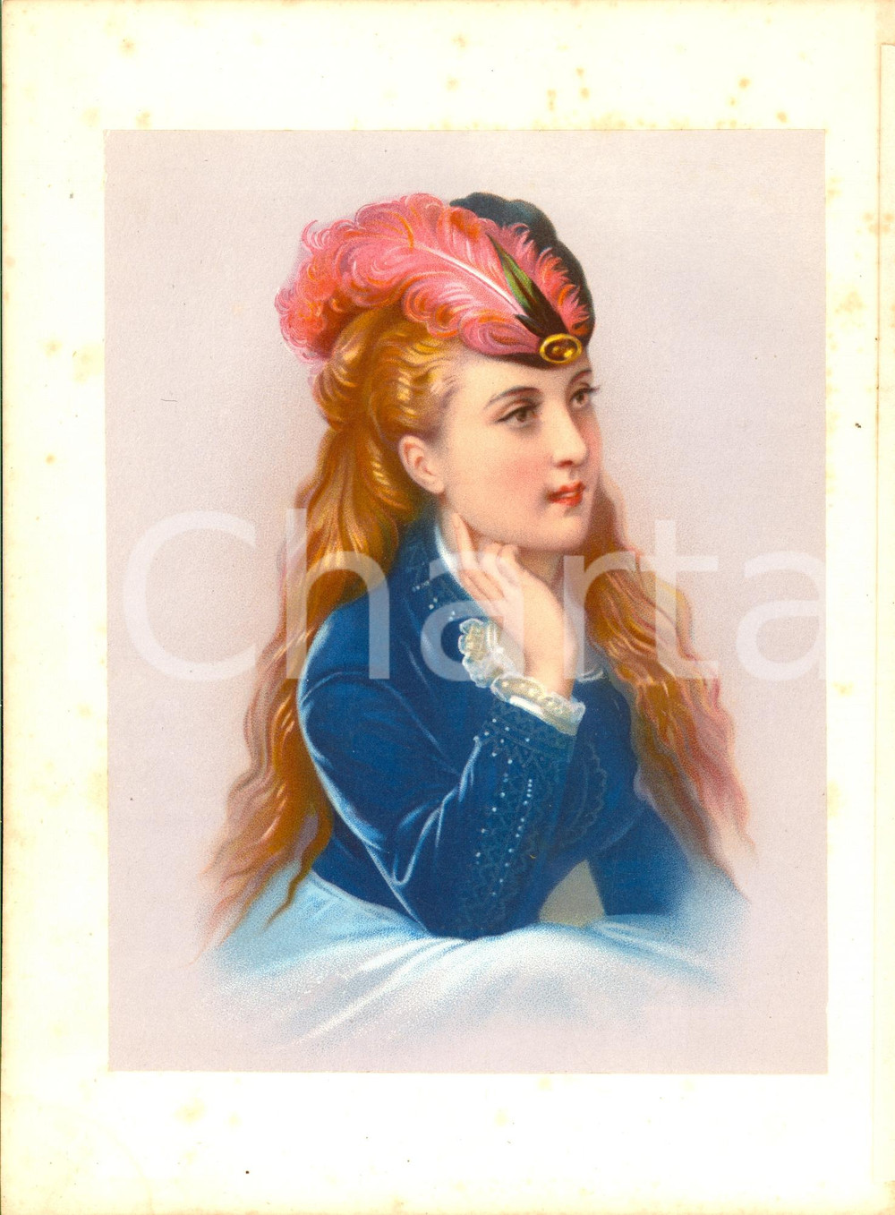 Stampa, bozzetto originale 1880 circa RITRATTO DI GIOVANE DONNA Stampa a colori 1