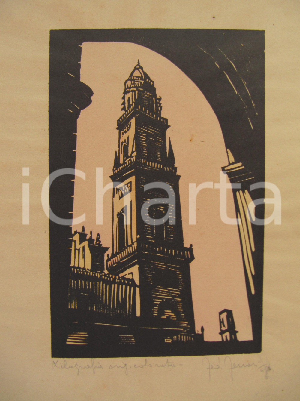 Stampa, bozzetto originale 1947 FEDERICO FERRARI Campanile Xilografia ORIGINALE 1