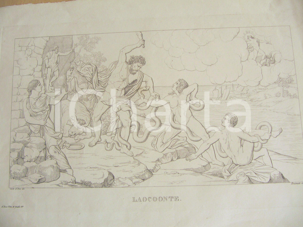 Stampa, bozzetto originale 1838 CARLO D ARCO Serpente LAOCOONTE Incisione BRAMATI 1