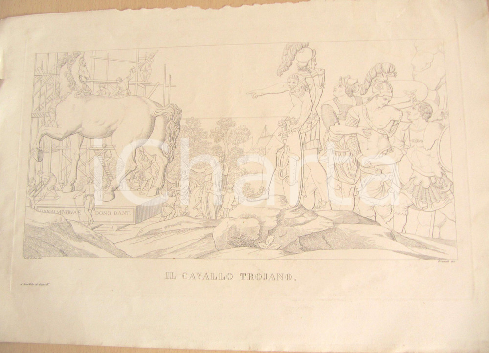 Stampa, bozzetto originale 1838 CARLO D ARCO Il cavallo di TROIA Incisione BRAMATI 1