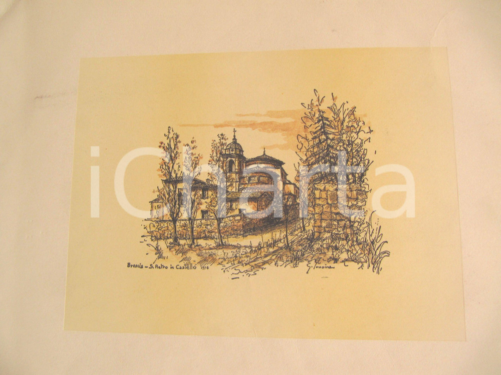 Stampa, bozzetto originale 1976 BRESCIA Veduta di SAN PIETRO IN CASTELLO Litografia firmata 42x30 cm 1