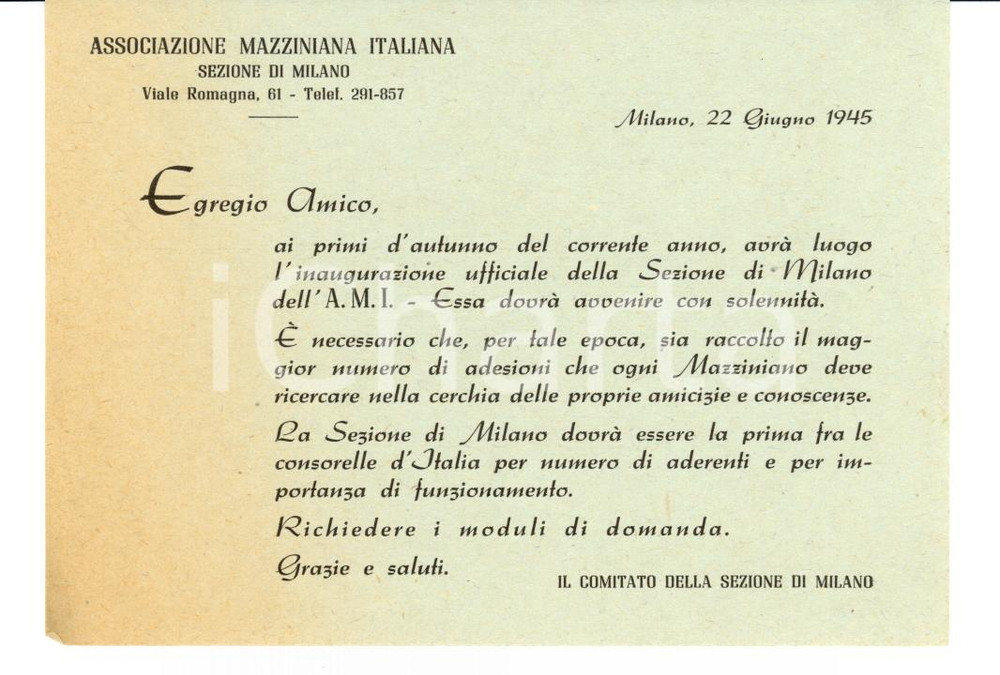 Oggetto da collezione cartaceo 1945 MILANO Inaugurazione Associazione MAZZINIANA Volantino 1