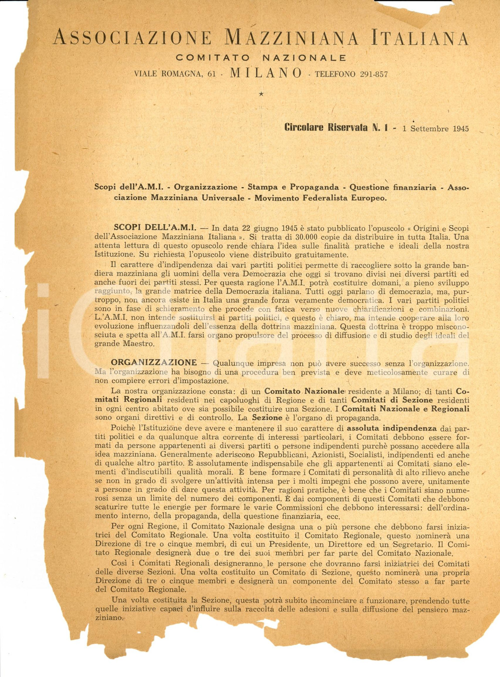 Documento originale, autentico 1945 MILANO Associazione MAZZINIANA Circolare RISERVATA 1