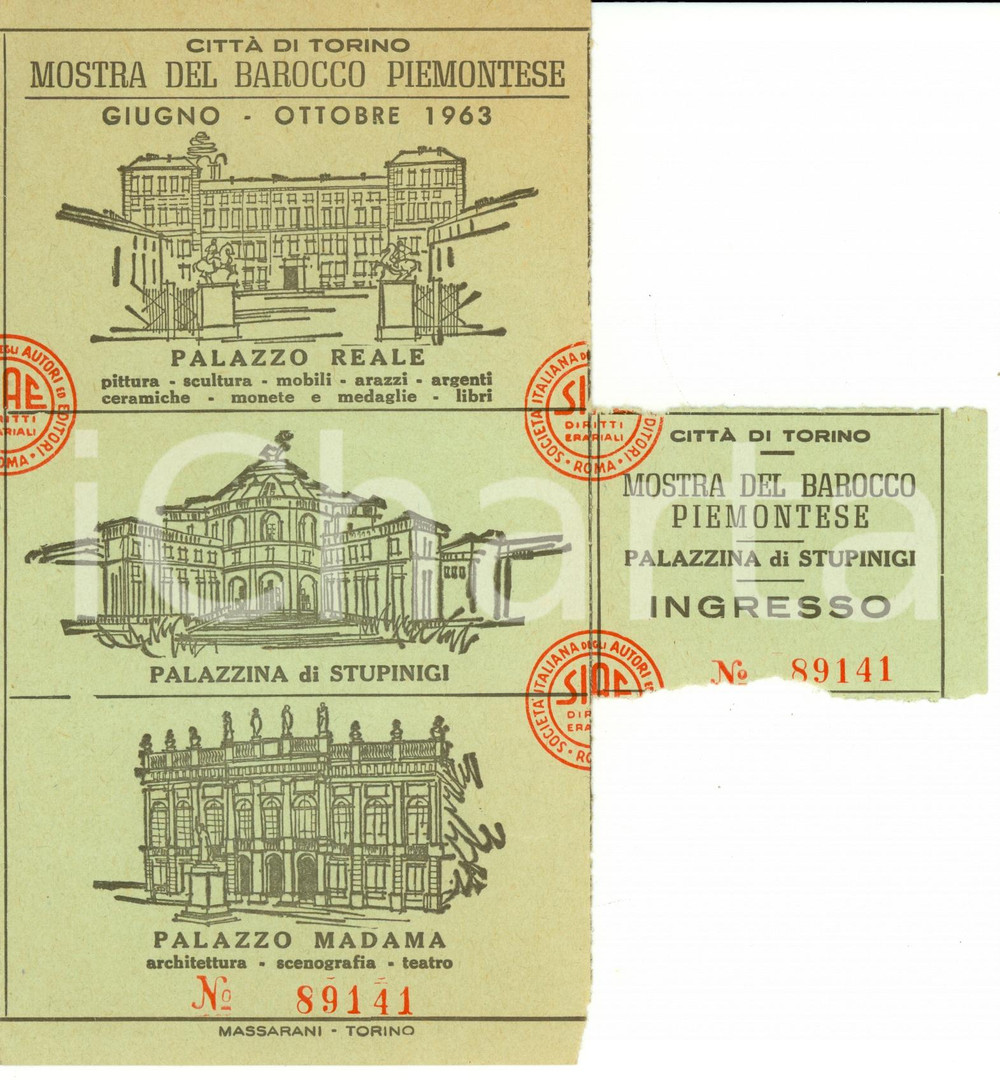 Oggetto da collezione cartaceo 1963 TORINO Biglietto mostra del Barocco Piemontese STUPINIGI 1