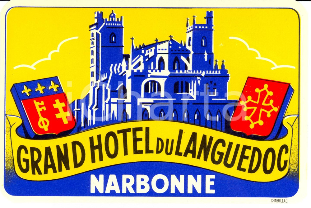 Materiale pubblicitario d’epoca 1950 ca NARBONNE Francia Grand Hotel du LANGUEDOC  Etichetta pubblicitaria 1