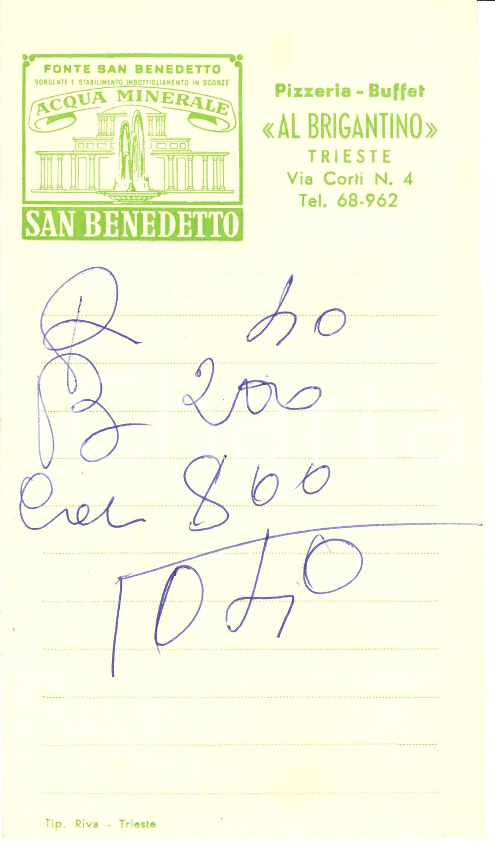 Oggetto da collezione cartaceo 1950 ca TRIESTE Pizzeria Buffet AL BRIGANTINO Acqua SAN BENEDETTO Fattura 1