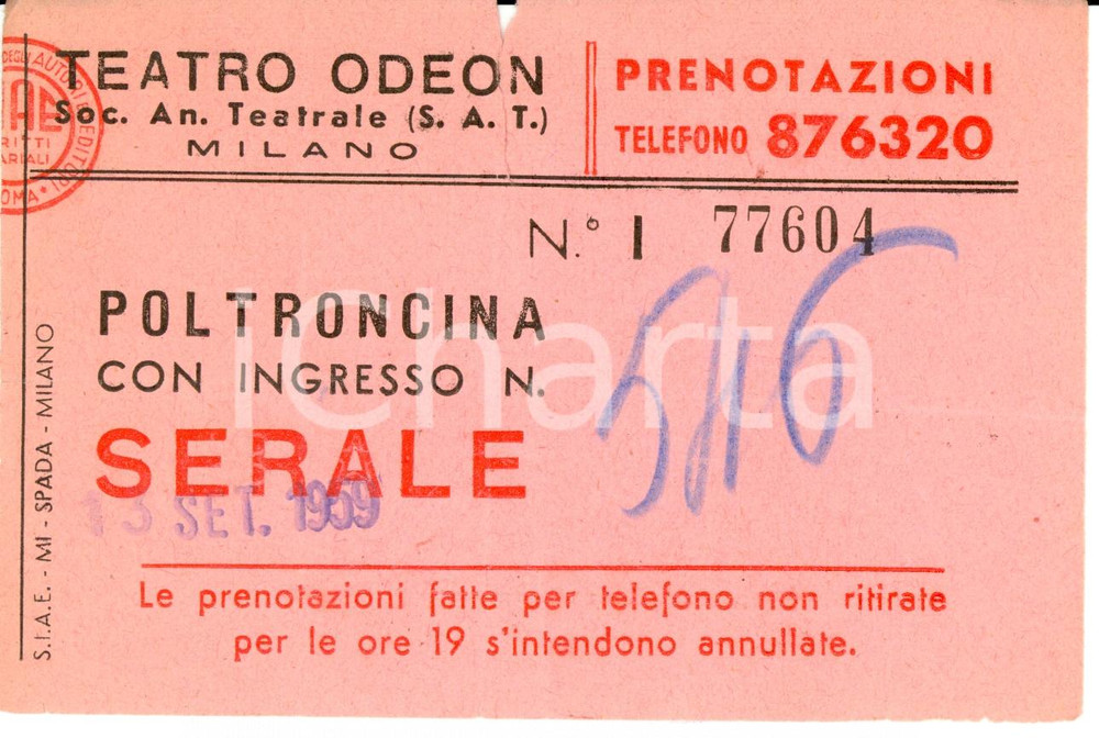 Oggetto da collezione cartaceo 1959 MILANO Teatro ODEON Poltroncina per spettacolo serale Biglietto 1