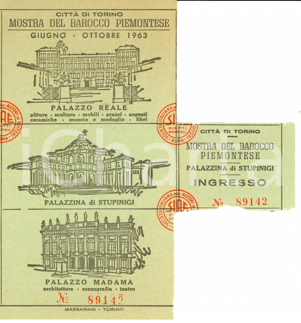 Oggetto da collezione cartaceo 1963 TORINO Biglietto mostra Barocco Piemontese PALAZZO REALE Stupinigi MADAMA 2 1