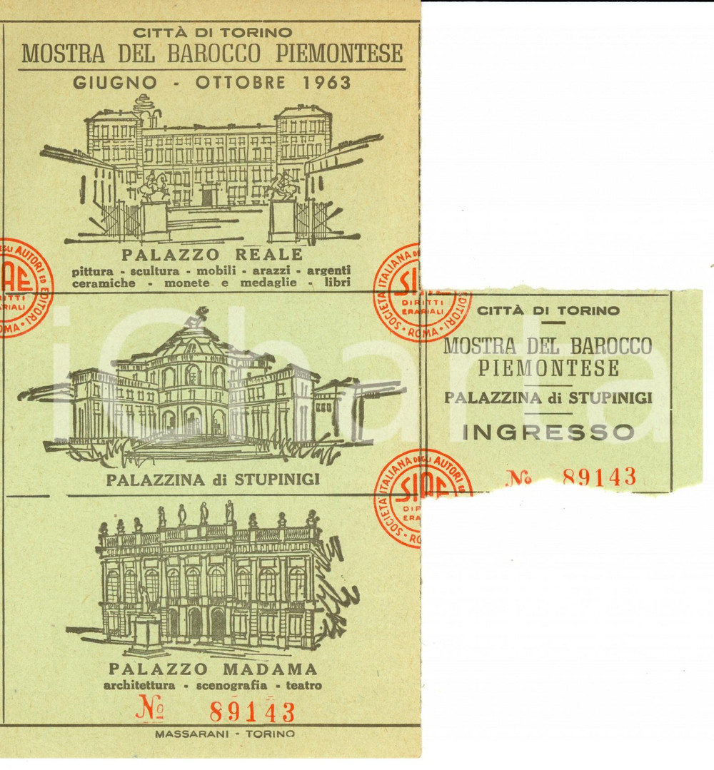 Oggetto da collezione cartaceo 1963 TORINO Biglietto mostra Barocco Piemontese PALAZZO REALE  STUPINIGI 1